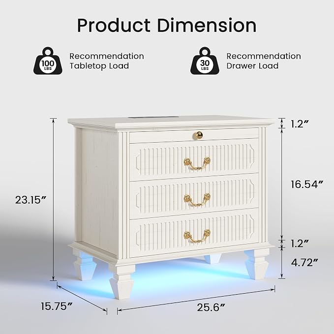 25.6'' Wide Bedside Table with 3 Drawers & Pull-out Tray, Smart Night Stand - Image 2
