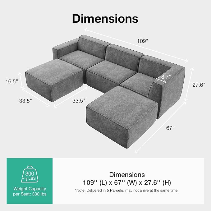 Novilla 109" Modular Sectional Sofa, No Assembly Cloud Sectional Couch - Image 2