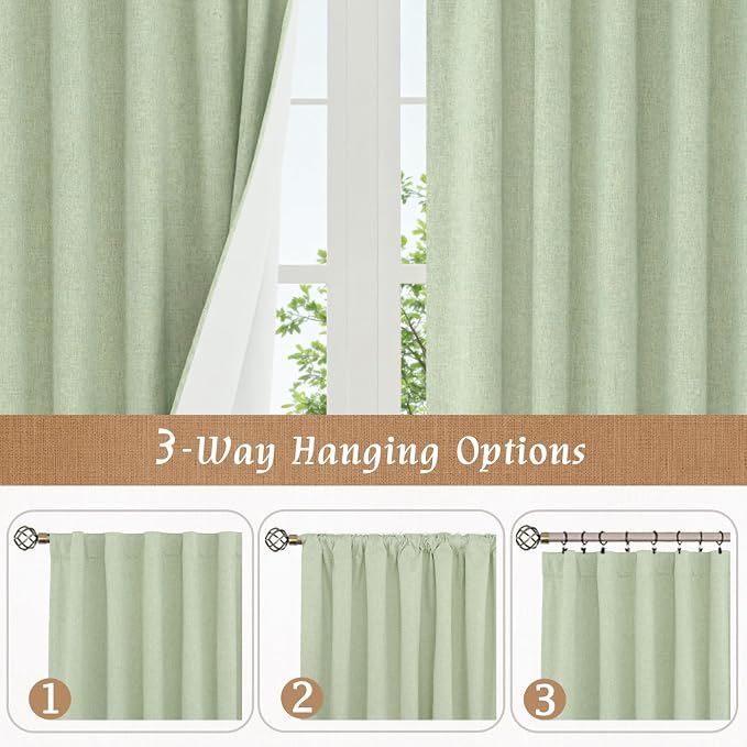 54 Inch Light Green Linen Full Blackout Window Curtains - Image 9
