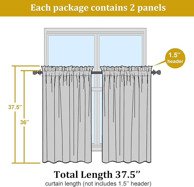 Short Lemon Sheer Curtains 36 Inch Length 2 Panels Set, Kitchen Tiers Curtains - Image 2