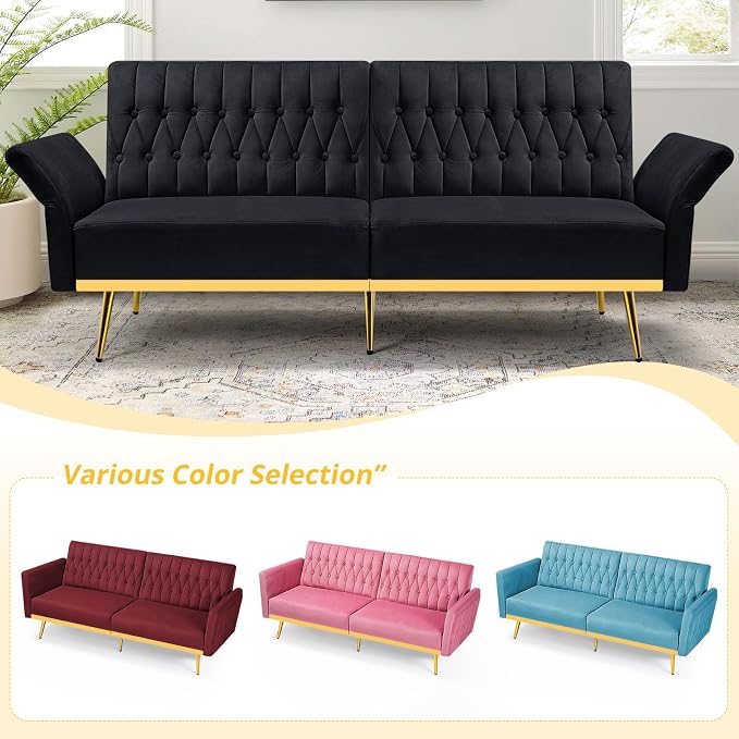 70” Velvet Futon Sofa Bed with 2 Pillows and Adjustable Armrests, Convertible - Image 7