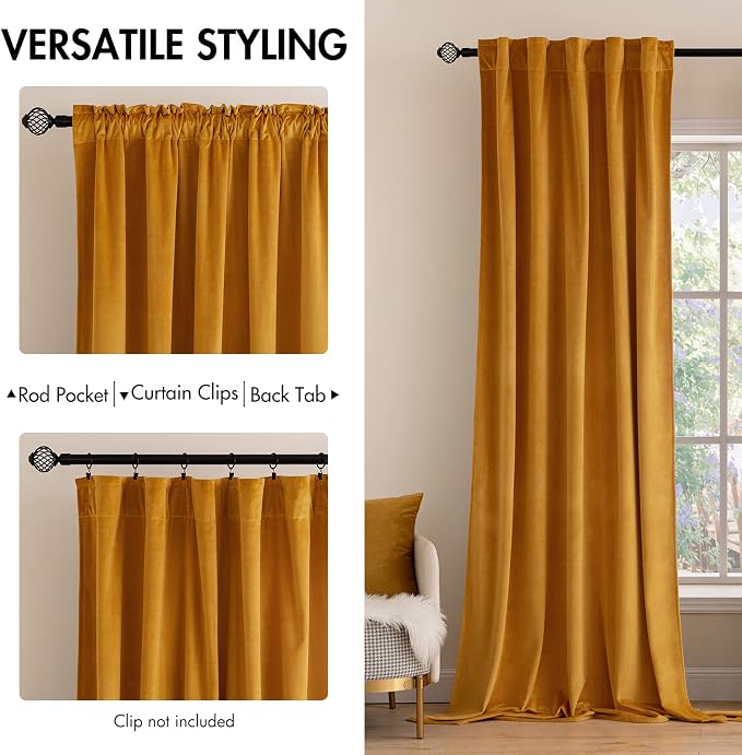 MIULEE Velvet Blackout Curtains 52x108 inches 2 Panels Mustard Yellow | Luxury - Image 2