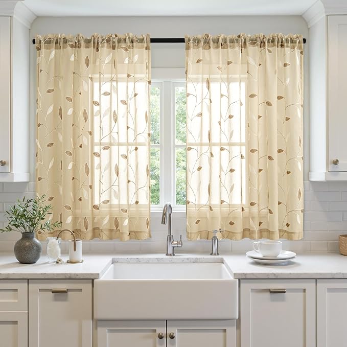 MIULEE Beige Sheer Curtains 2 Panels Embroidered Leaf Patterned, W52 x L54 | - Image 2