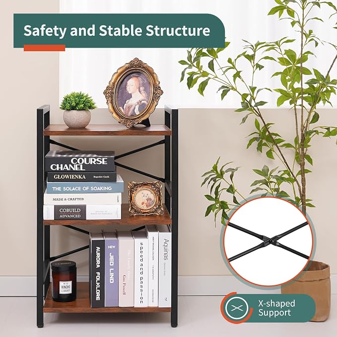 Yoobure Bookshelf Small Book Shelf, Solid Industrial 3 Tier Shelf Bookcase - Image 5
