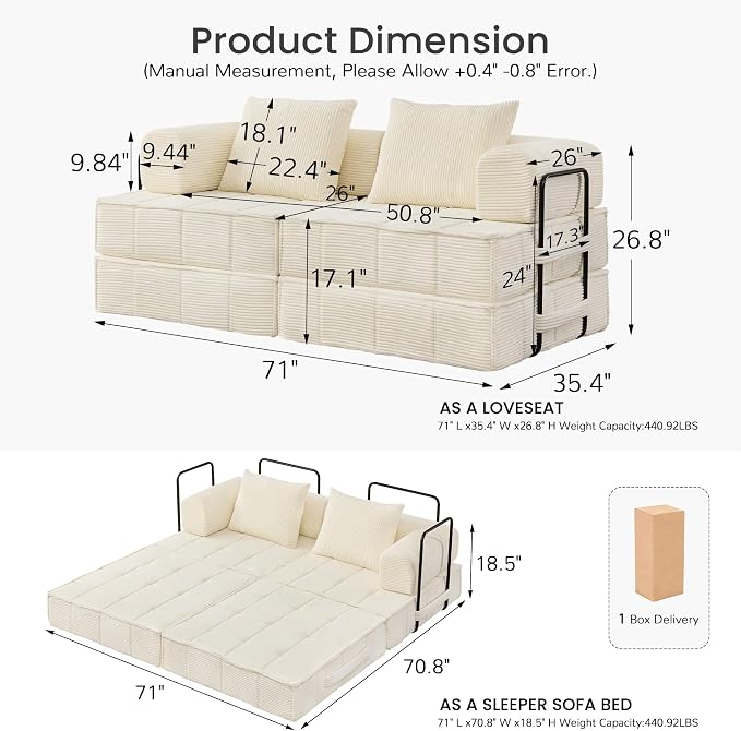 Korser Folding Convertible Sofa Bed, Corduroy Upholstered Boneless Couch - Image 2