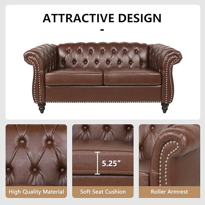 Mid-Century 2 Seater Sofa, Faux Leather Loveseat - Image 4