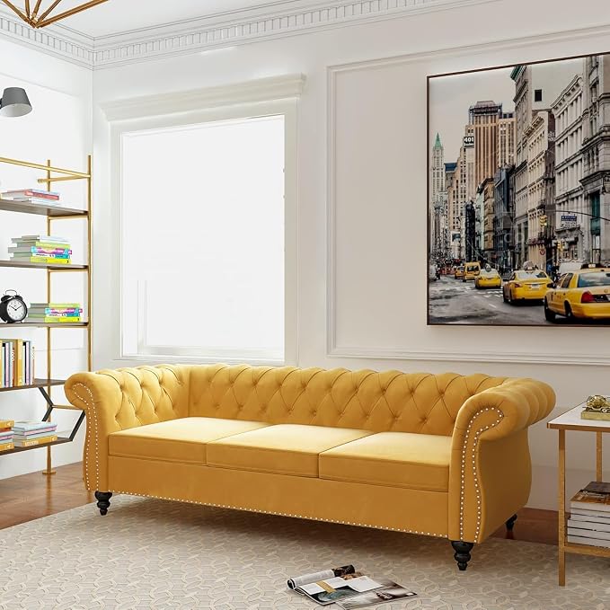 Mid-Century 3 Seater Sofa, Velvet Couch by YUCHIATHSoulFurniture