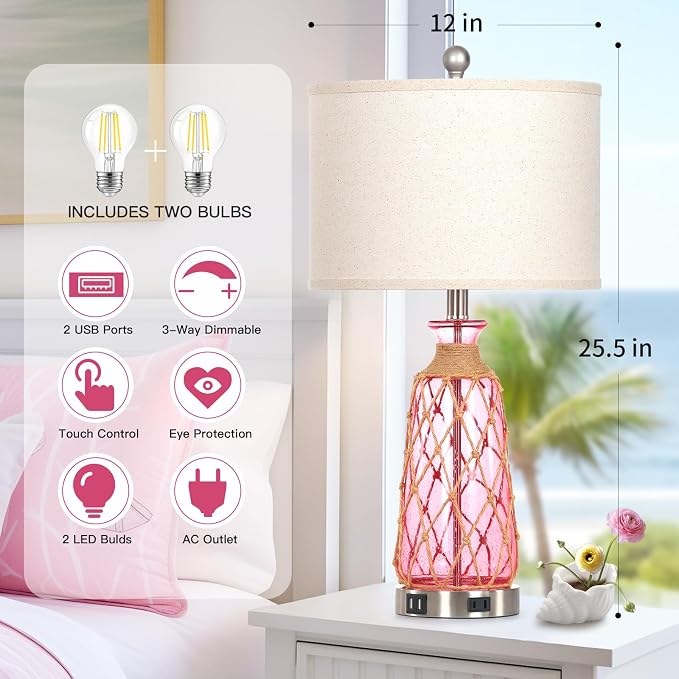 Ruzectt 25.5" Coastal Glass Table Lamps Set of 2, 3-Way Dimmable Touch Control - Image 4