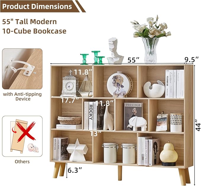 LEYAOYAO 10 Cube Bookshelf, 3 Tier Vintage 55" Wide Bookcase - Image 2