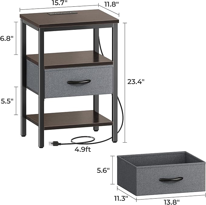 SUPERJARE Nightstand with Charging Station, Bed Side Table with Adjustable - Image 3