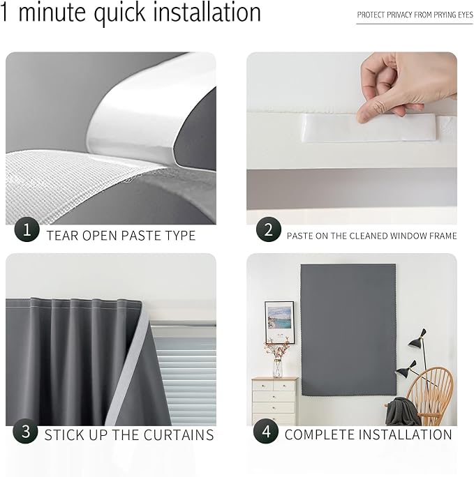 Thermal Blackout Curtains with Self-Adhesive Tape, No Rod No Drill Easy Install - Image 3
