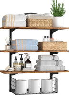 3 Tier Floating Shelf with Storage Baskets, Wall Mounted Bathroom Shelves Over by BCOZLUX