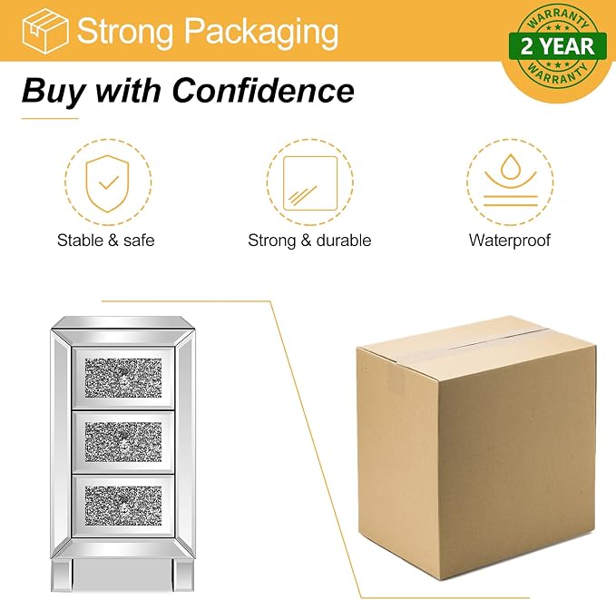 VINGLI 3-Drawer Mirrored Nightstand Bedside Table Glass Accent End Table - Image 5