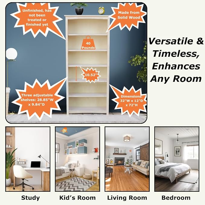International Concepts Shaker Bookcase 72-Inch Tall, Solid Parawood, 5-Shelf - Image 4