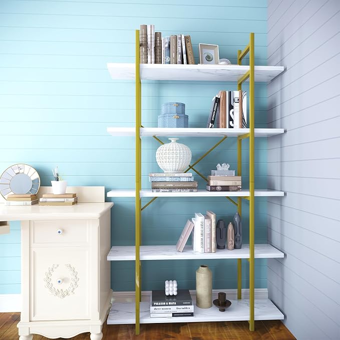 5 Tiers Bookshelf Organizer White Faux Marble Shelf, Modern Open Display - Image 6