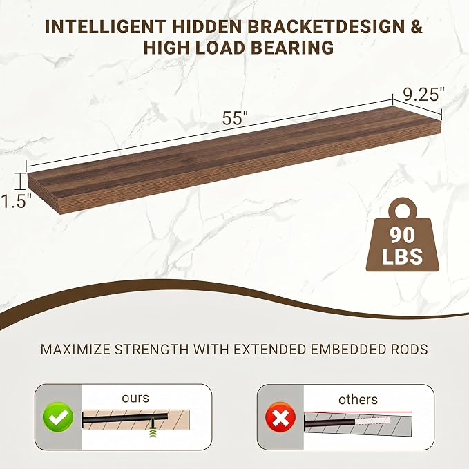Acovy 55 Inch Floating Shelves, Wooden Shelves - Image 3