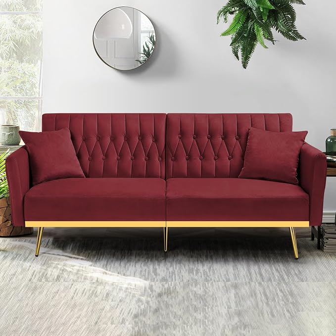 70” Velvet Futon Sofa Bed with 2 Pillows and Adjustable Armrests, Convertible - Image 2
