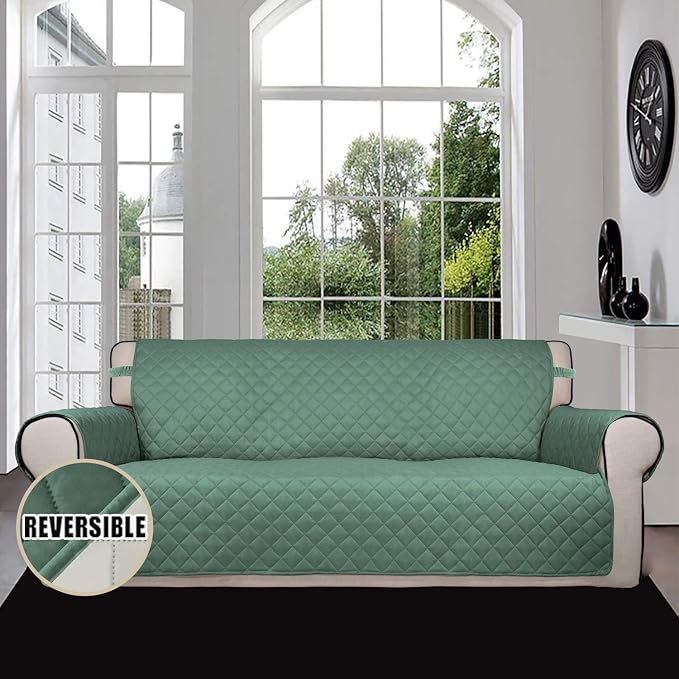 Easy-Going Reversible Couch Cover, 3 Cushion Sofa, Cyan/Ivory | Machine - Image 2