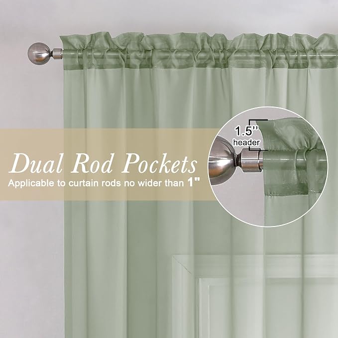 Sage Green Sheer Curtains 90 Inches Long 2 Panels, Light Filtering Airy Voile - Image 4