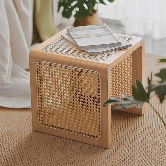Japanese Style Wood Rattan Stool Side Table Multi-Functional Shoe Bench Night by Unknown