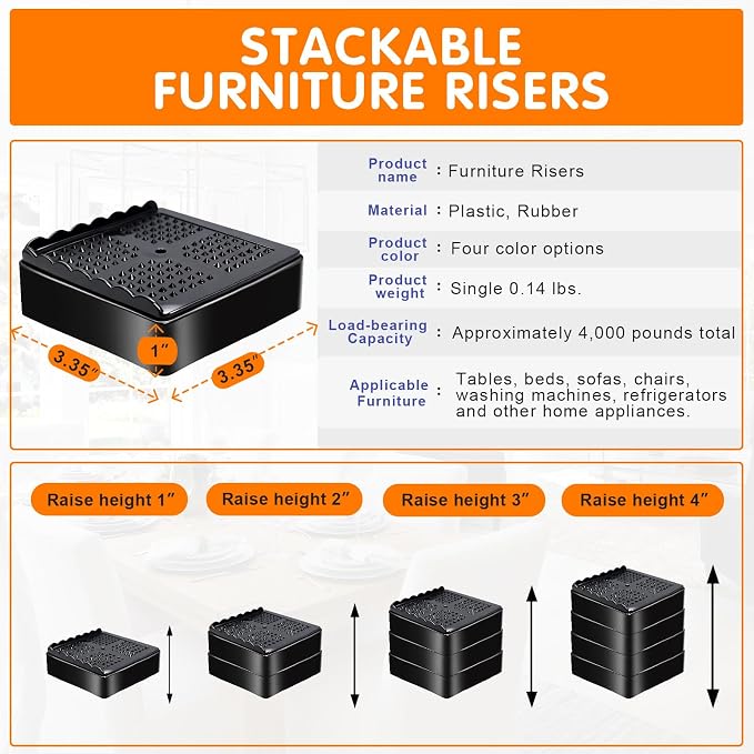 Furniture Risers, 4 Pack Bed Risers - Image 2