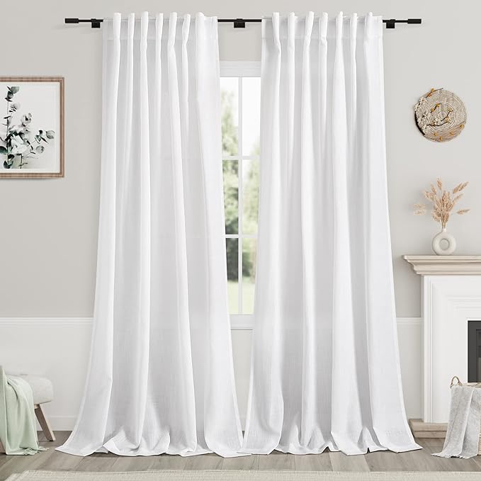 White Semi Sheer Linen Curtains 95 inch Length by Nanspring