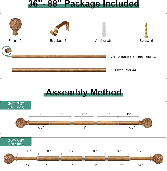 QDWIS Boho Wood Curtain Rods for Windows 48 to 84 inch, Rustic Decorative - Image 8