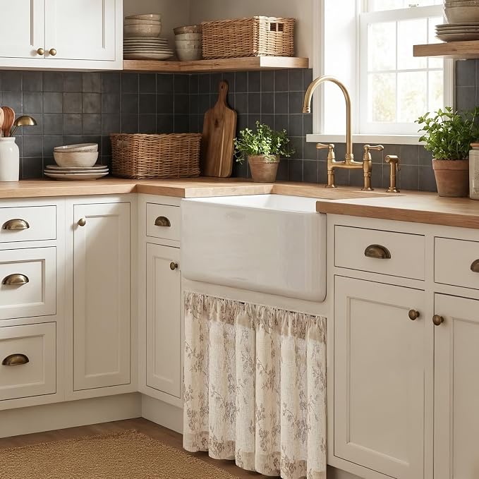 Taupe on Beige Linen Kitchen Curtains Rod Pocket 26W X 24L 2 Panels | Elisa - Image 2