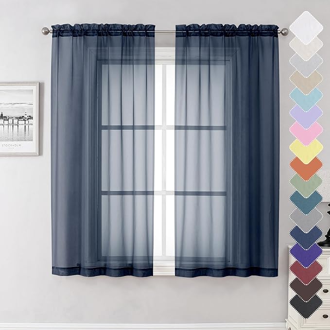 Navy Blue Sheer Curtains 63 Inch Long 2 Panels, Elegant Voile Drapes by Lecloud