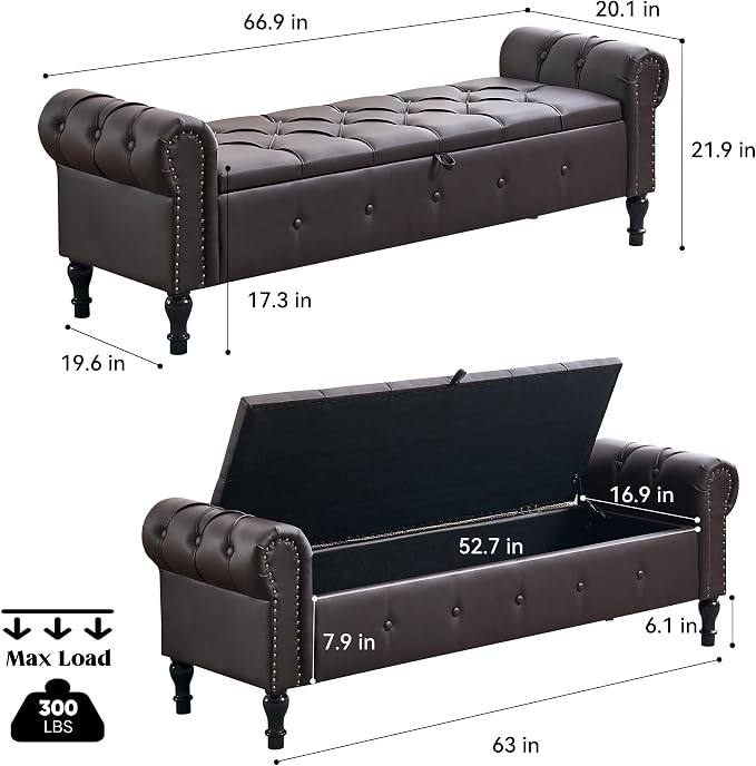 Storage Bench for Bedroom, Faux Leather King Size Bench - Image 2