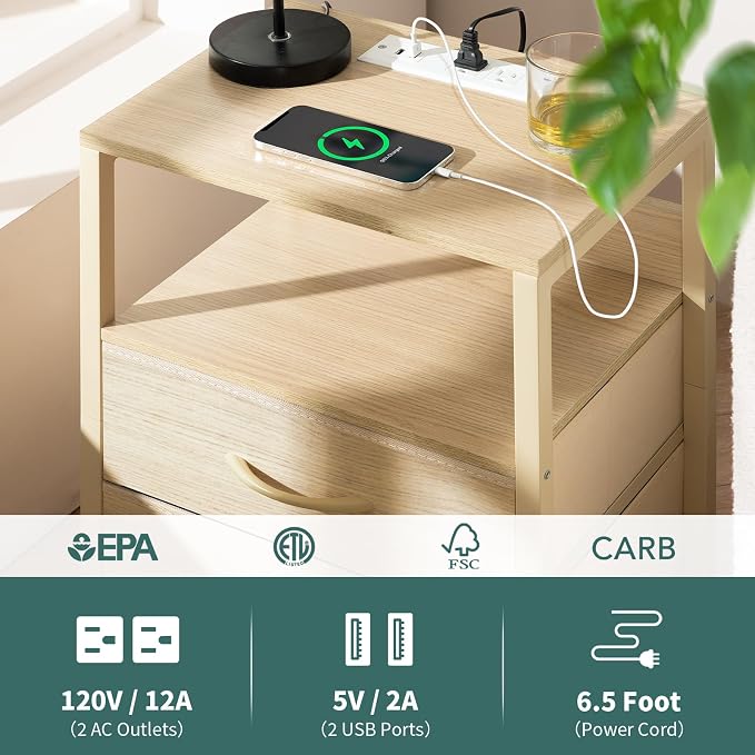 Yoobure Nightstand with Charging Station, Small Night Stand with Fabric Drawers - Image 6
