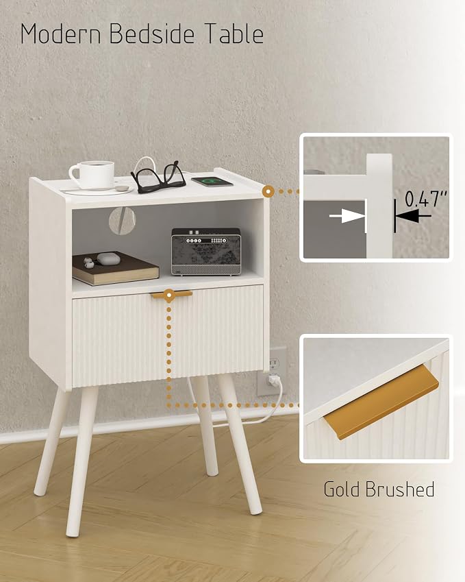 JOONEE White Nightstand with Outlet, Modern Bedside Table with Storage Drawer - Image 5