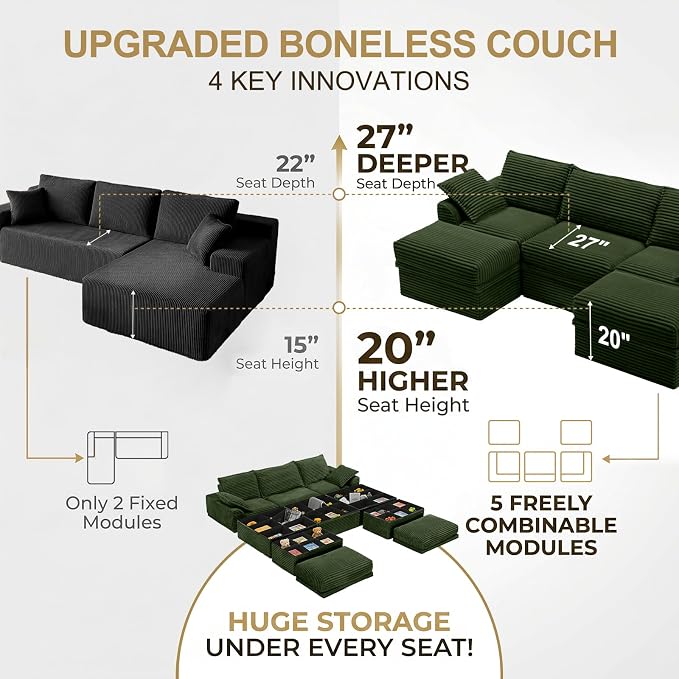 Upgrade Boneless Couch with Storage, Extra Deep&High Seat Modular Sectional - Image 6