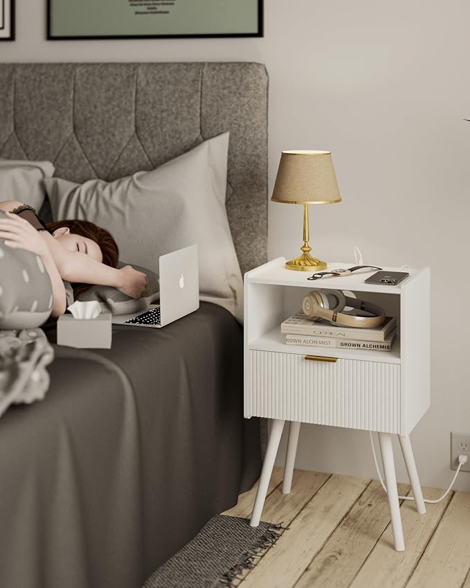 JOONEE White Nightstand with Outlet, Modern Bedside Table with Storage Drawer - Image 3