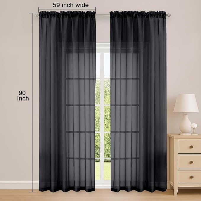 Black Sheer Curtain 90 Inches Long 2 Panels Set, Solid Filmy Drapes - Image 2