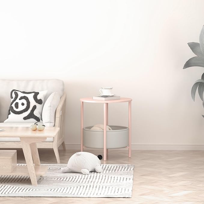 DGSANDGO Round End Table with Fabric Basket, Bedside Table with Storage - Image 6