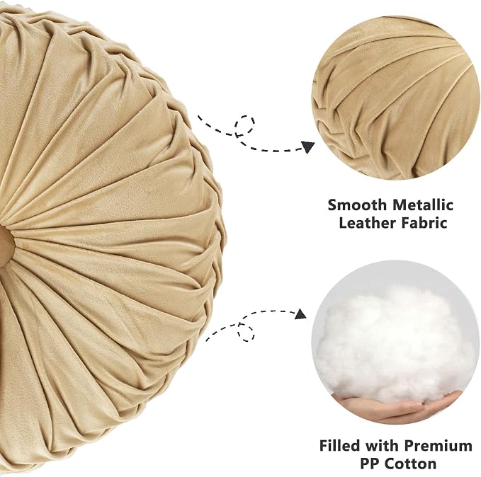 HIG Set of 2 Apricot Velvet Decorative Round Pleated Throw Pillows - Image 4
