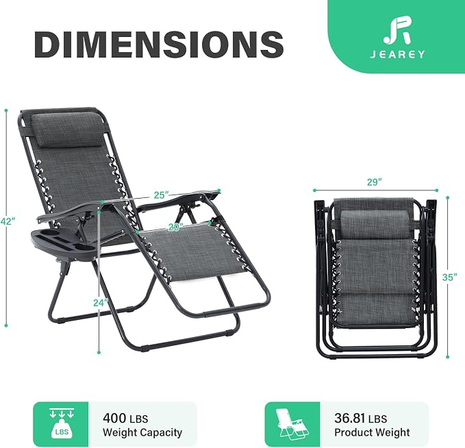 JEAREY Oversized Zero Gravity Lounge Chairs Set of 2, Adjustable Steel Mesh - Image 3