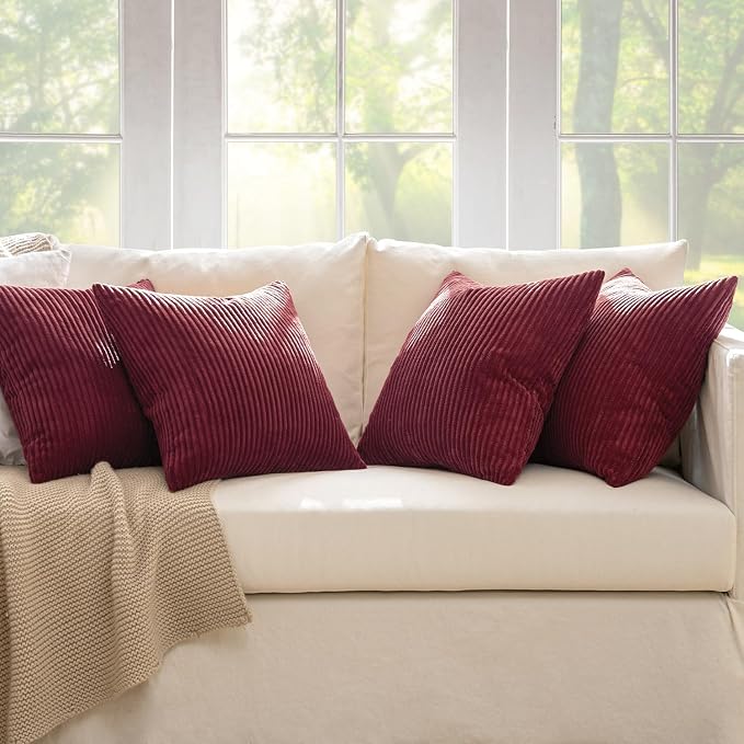 MIULEE Soft Corduroy Decorative Throw Pillow Covers Burgundy 18x18 | Set of 4 - Image 7