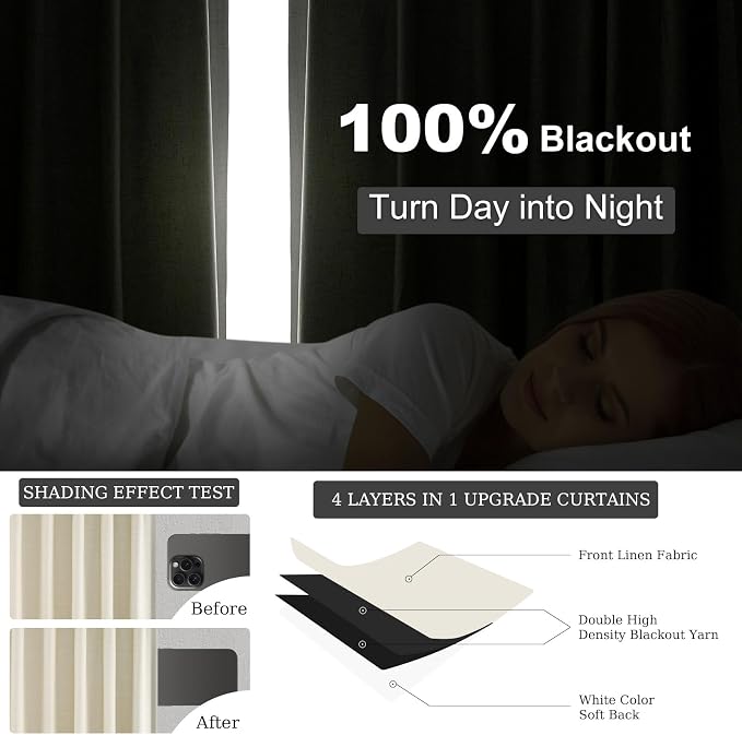 Topfinel 102 Inches Long Cream Colored Custom Total Blackout Linen Curtains - Image 6