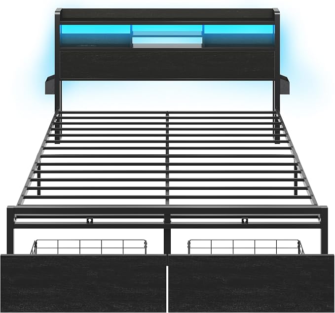 Furnulem King Bed Frame with Wood Headboard & Storage Drawers, Metal Platform - Image 9