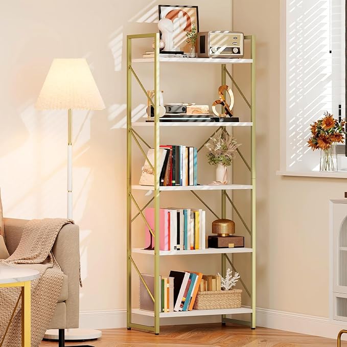 DWVO Gold Bookshelf, Modren 5 Tier Bookcase, Storage Shelves Organizer Standing - Image 8