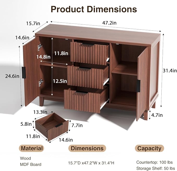 47.2" W Storage Cabinet with 3 Drawers, Fluted Buffet Cabinet with Storage - Image 2