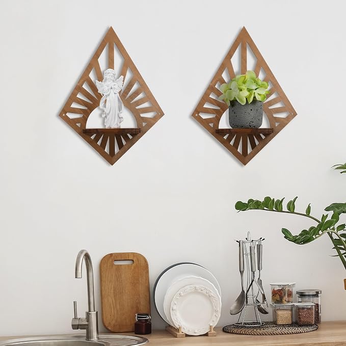 Menkxi Set of 2 Boho Wall Decor Wooden Boho Floating Shelves Vintage Mid - Image 5