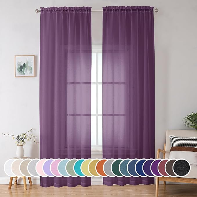 Sheer Curtains 96 Inches Long 2 Panels Set, Transparent Light Filtering Plam by OWENIE