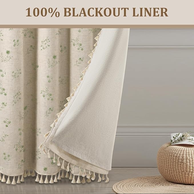 Boho Floral 100% Blackout Curtains 84 Inch 2 Panels Green | Farmhouse Vintage - Image 6