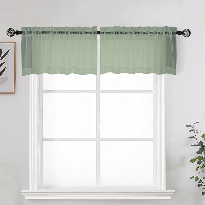 Sage Sheer Kitchen Valance for Windows Set of 2, Short Modern Rod Pocket Voile by OWENIE