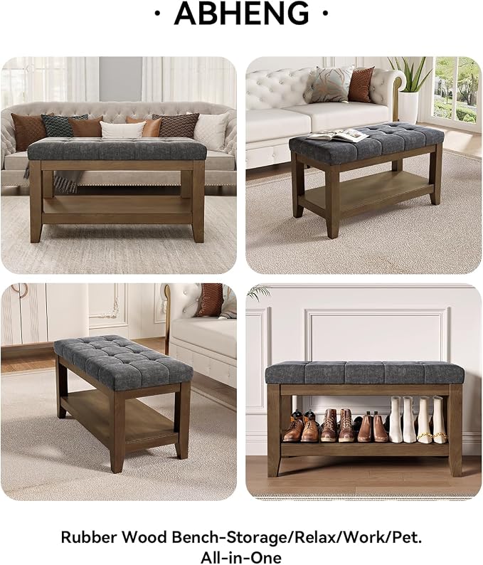 ABHENG Solid Rubber Wood Shoe Bench, Soft Chenille Material Upholstered Seat - Image 7