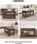 ABHENG Solid Rubber Wood Shoe Bench, Soft Chenille Material Upholstered Seat - Image 7