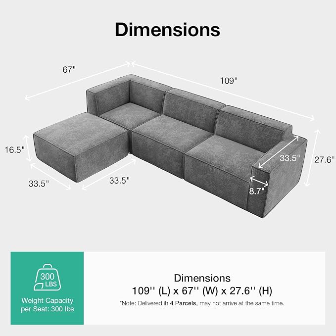 Novilla 109" Modular Sectional Sofa, No Assembly Cloud Sectional Couch - Image 2